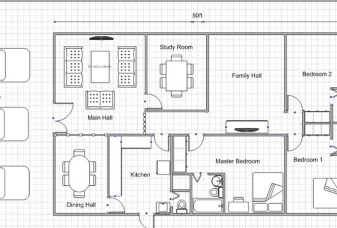 Simple Floor Plans Drawing with Drawing Plans Online Involved Dining Hall beside Kitchen Completed Main Hall and Family Hall