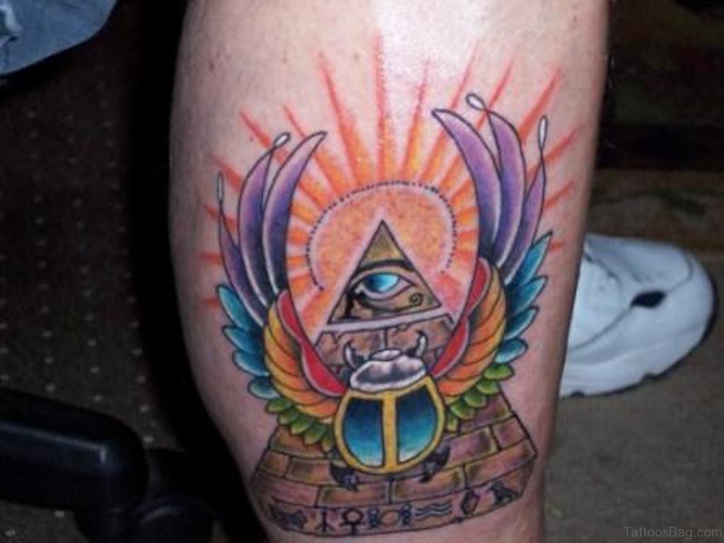 Amazing Sun Egyptian Eye Pyramid Tattoo On Leg
