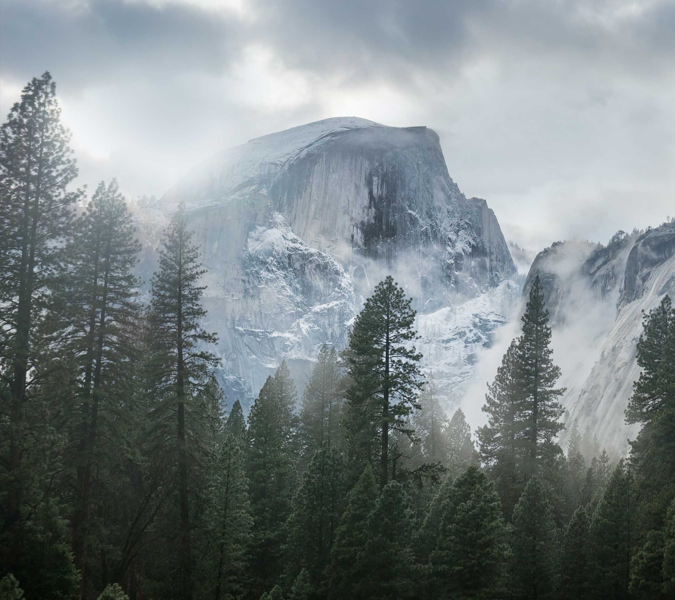 164408 mist nature landscape Yosemite National Park trees forest snow overcast clouds USA mountain