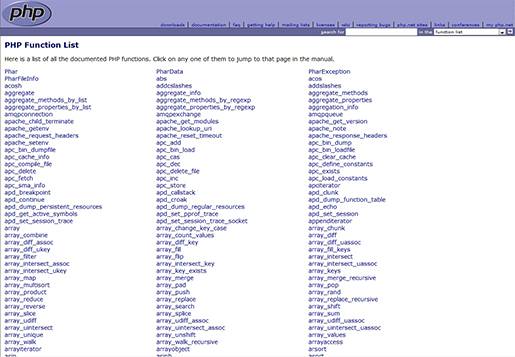 php function list